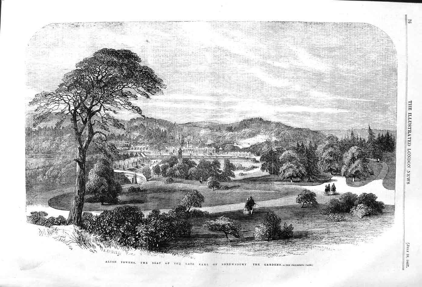 Original Old Antique Print 1857 Alton Towers Earl Shrewsbury Gardens Trees 19th