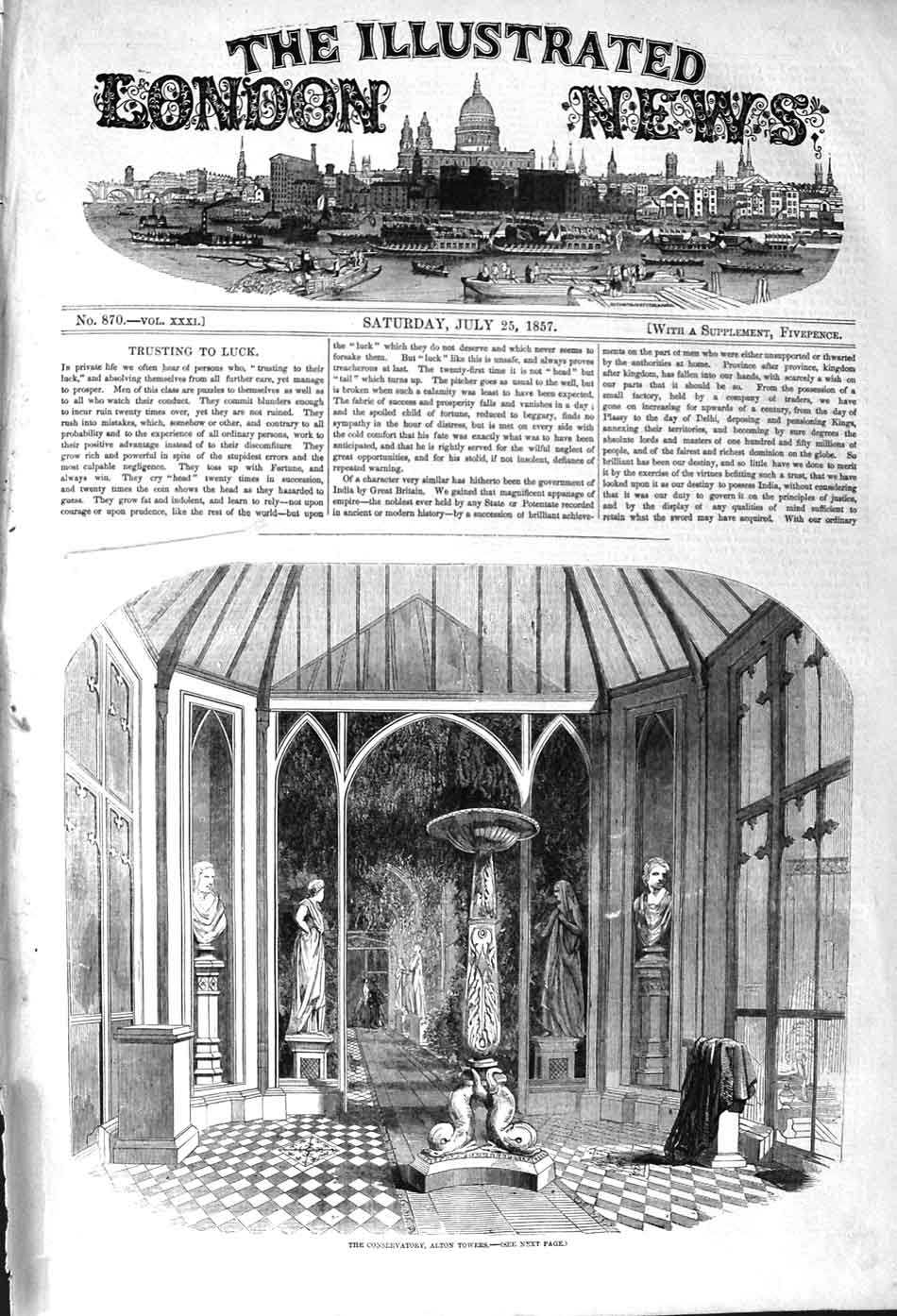 Old Antique Print 1857 Conservatory Alton Towers Sculpture Architecture 19th