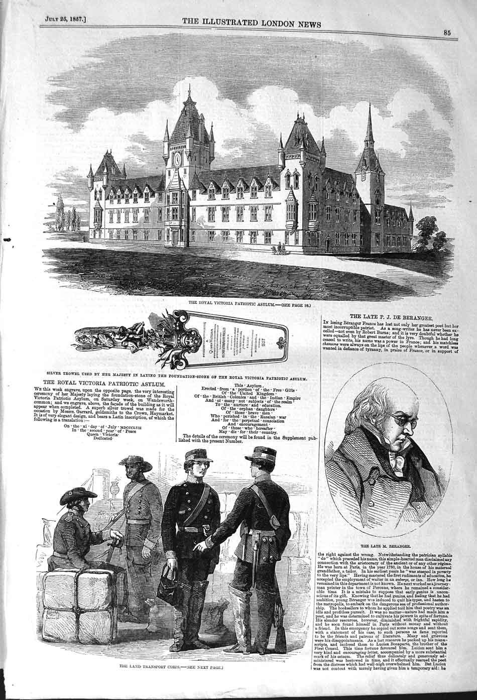 Original Old Antique Print 1857 Royal Victoria Patriotic Asylum Beranger La 19th