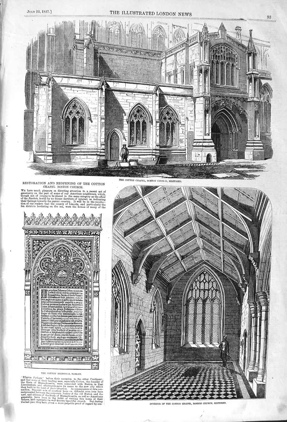 Original Old Antique Print 1857 Cotton Chapel Boston Church Memorial Tablet