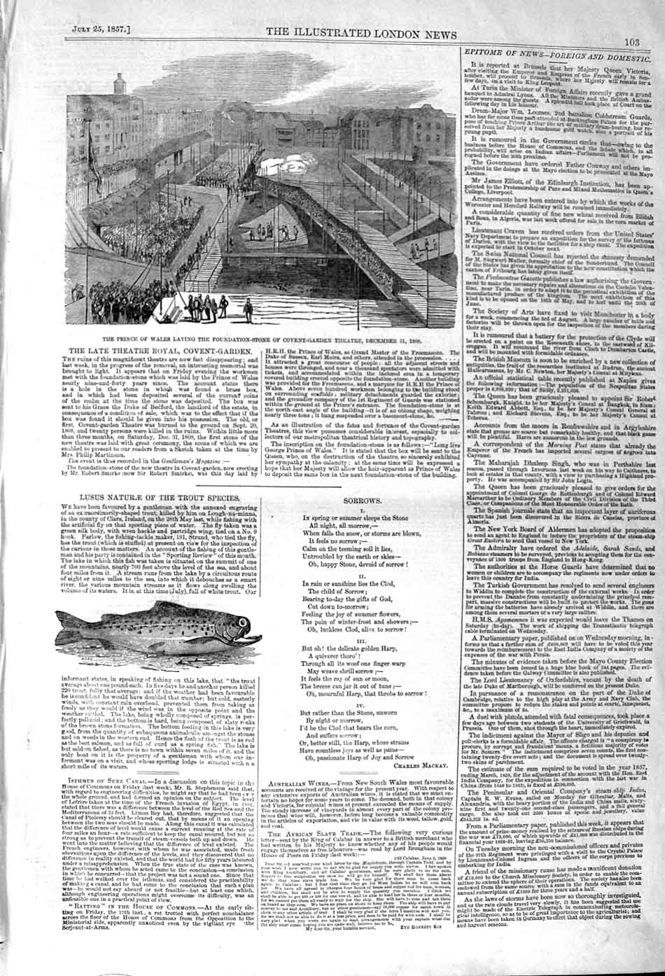 Original Old Antique Print 1857 Prince Wales Covent Garden Theatre London Trout