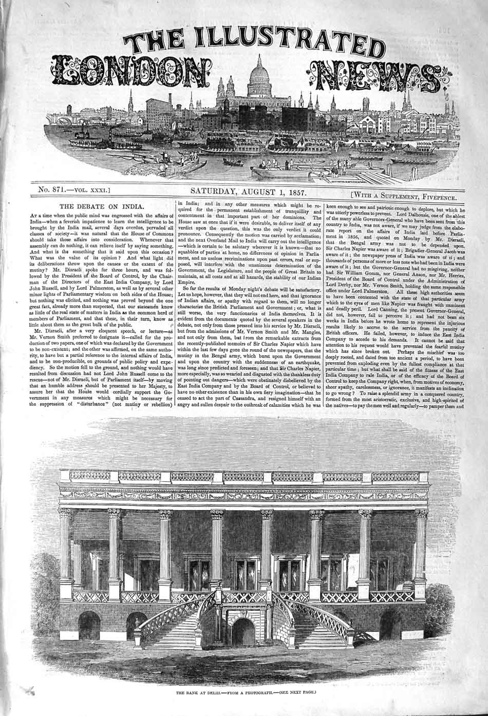 Original Old Antique Print 1857 Bank Delhi India Building Architecture 19th