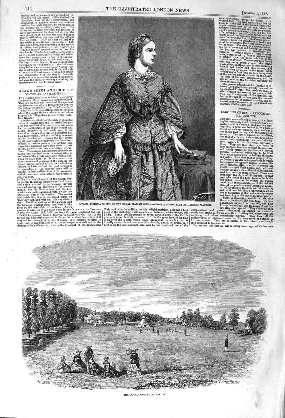 Old Antique Print 1857 Victoria Balfe Italian Opera Cricket Enville Sport 19th
