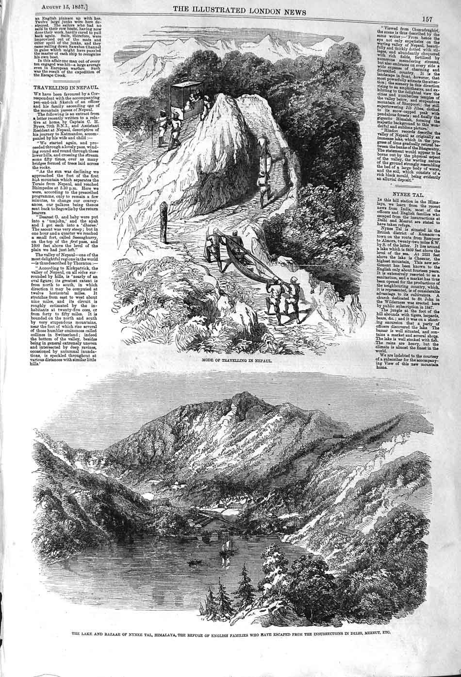 Original Old Antique Print 1857 Travelling Nepaul Lake Nynee Tal Himalaya 19th