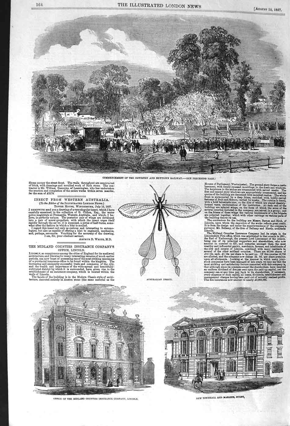 Original Old Antique Print 1857 Oswestry Newton Railway Townhall Rugby Lincoln