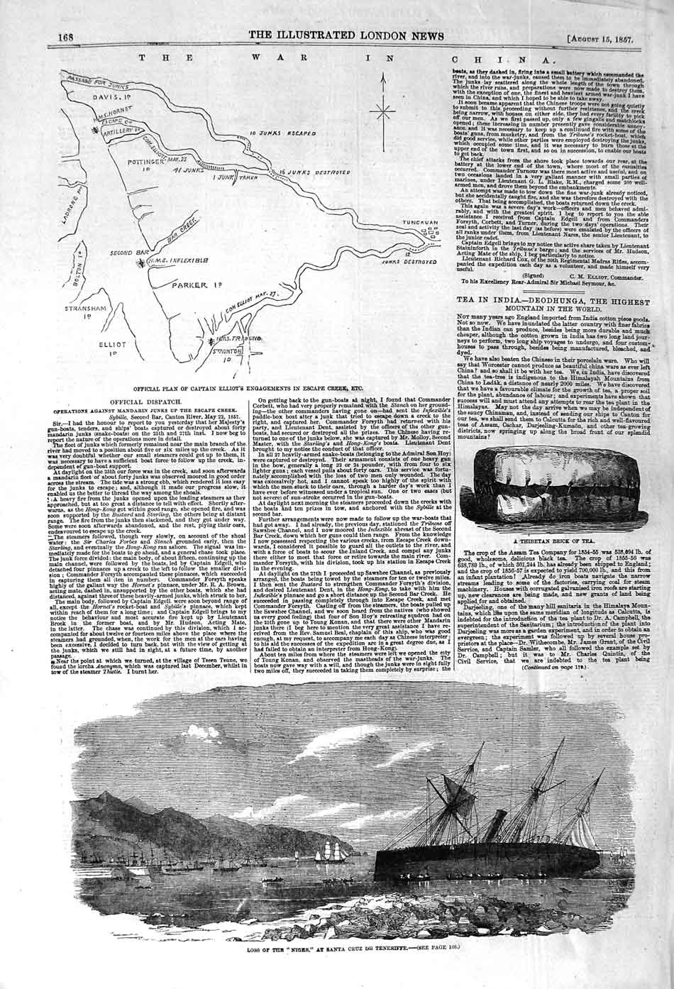 Original Old Antique Print 1857 Ship Niger Santa Cruz Tenerife Plan Elliot War