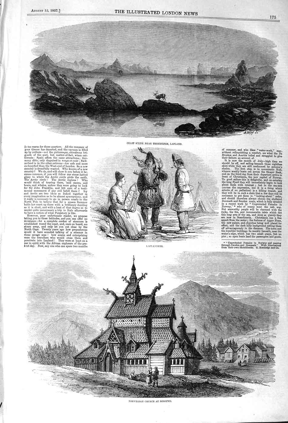 Original Old Antique Print 1857 Trondiijem Lapland Norwegian Church Borgund