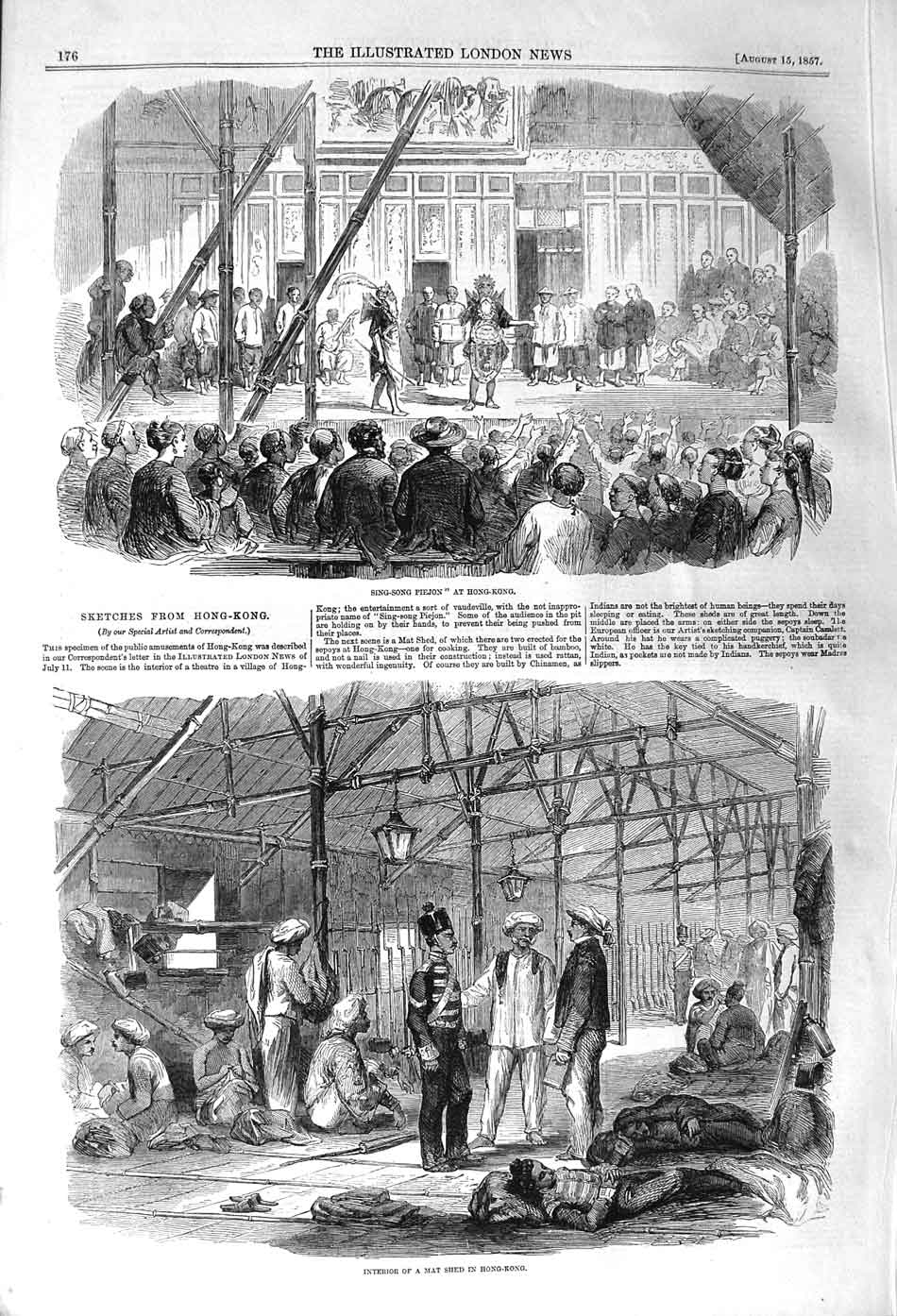Original Old Antique Print 1857 Sing-Song Piejon Hong Kong Interior M Victorian