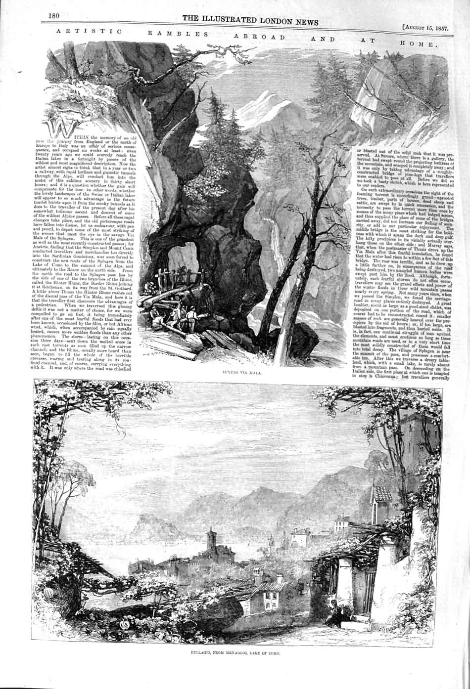 Old Antique Print 1857 Italy Suvers Via Mala Bellagio Menaggio Lake Como 19th
