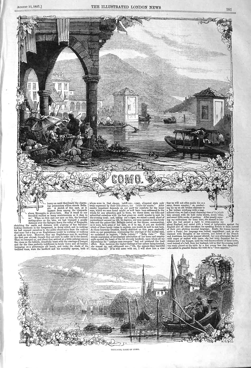Original Old Antique Print 1857 View Bellagio Lake Como Ital 19th