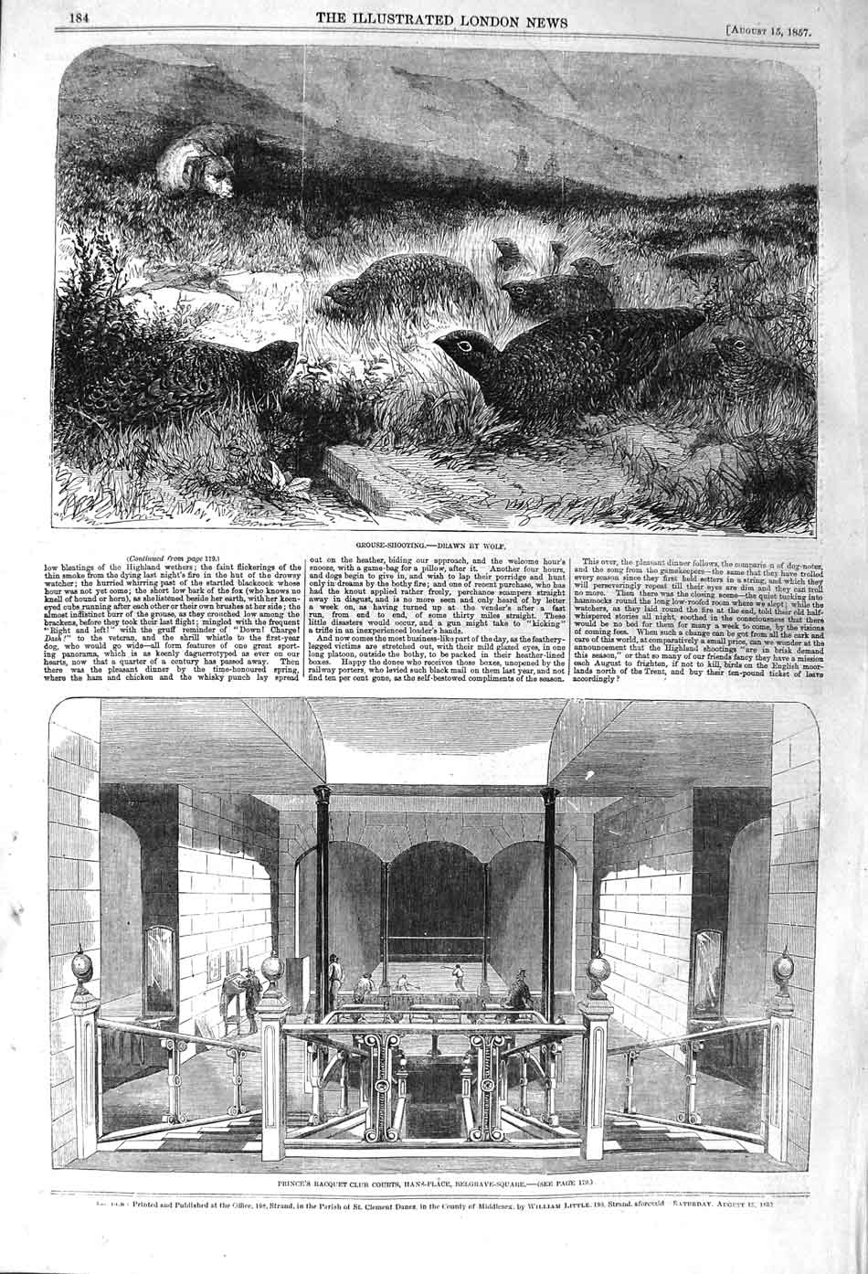 Old Antique Print 1857 Grouse Shooting Prince Raquet Club Belgrave Sqaure 19th