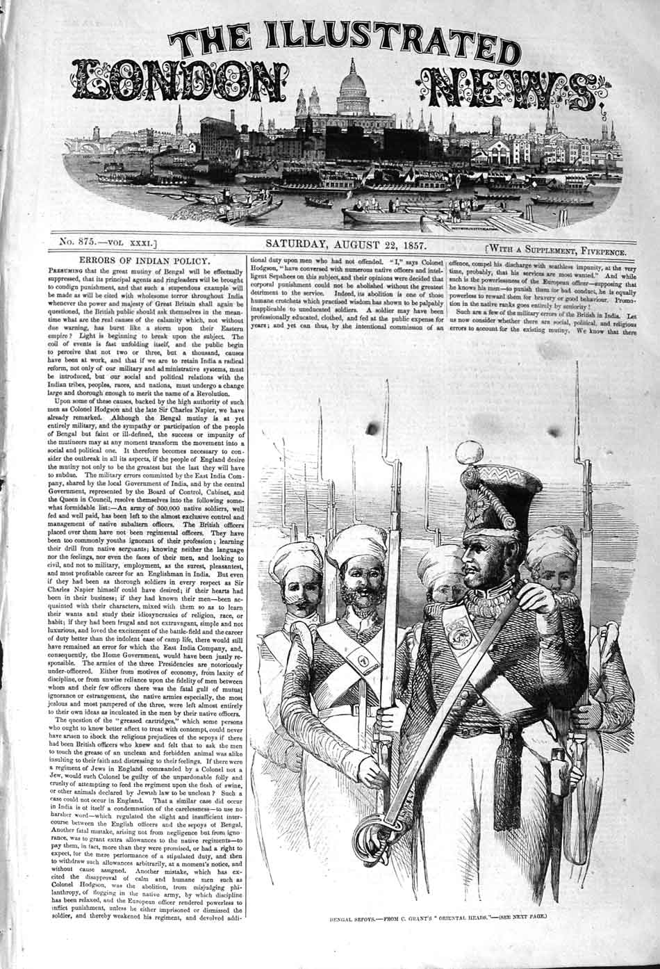 Original Old Antique Print 1857 Bengal Spoys War Siers Weapons Uniforms 19th