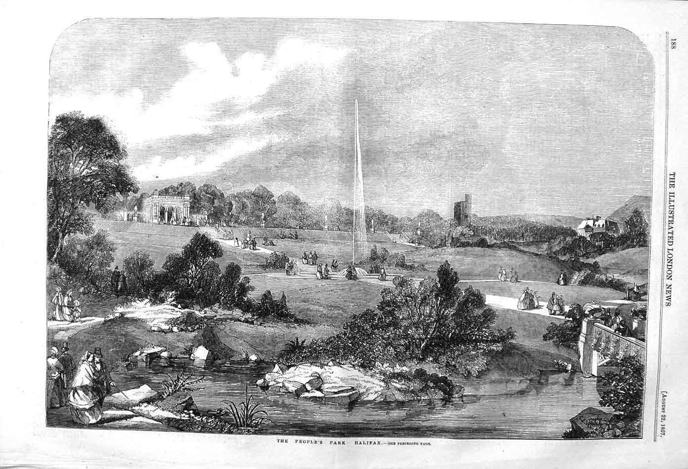 Original Old Antique Print 1857 View People'S Park Halifax Fountain Gardens