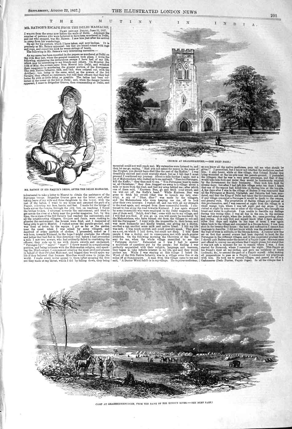 Original Old Antique Print 1857 Church Shahjehanpore India Ghazeedode Victorian