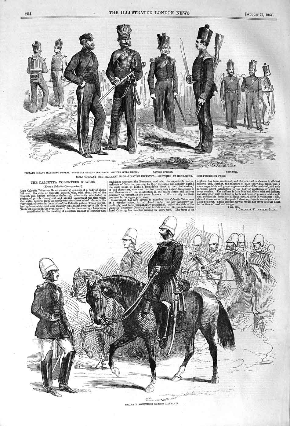 Old Antique Print 1857 Calcutta Volunteer Guards Rifle Madras Hong Kong 19th