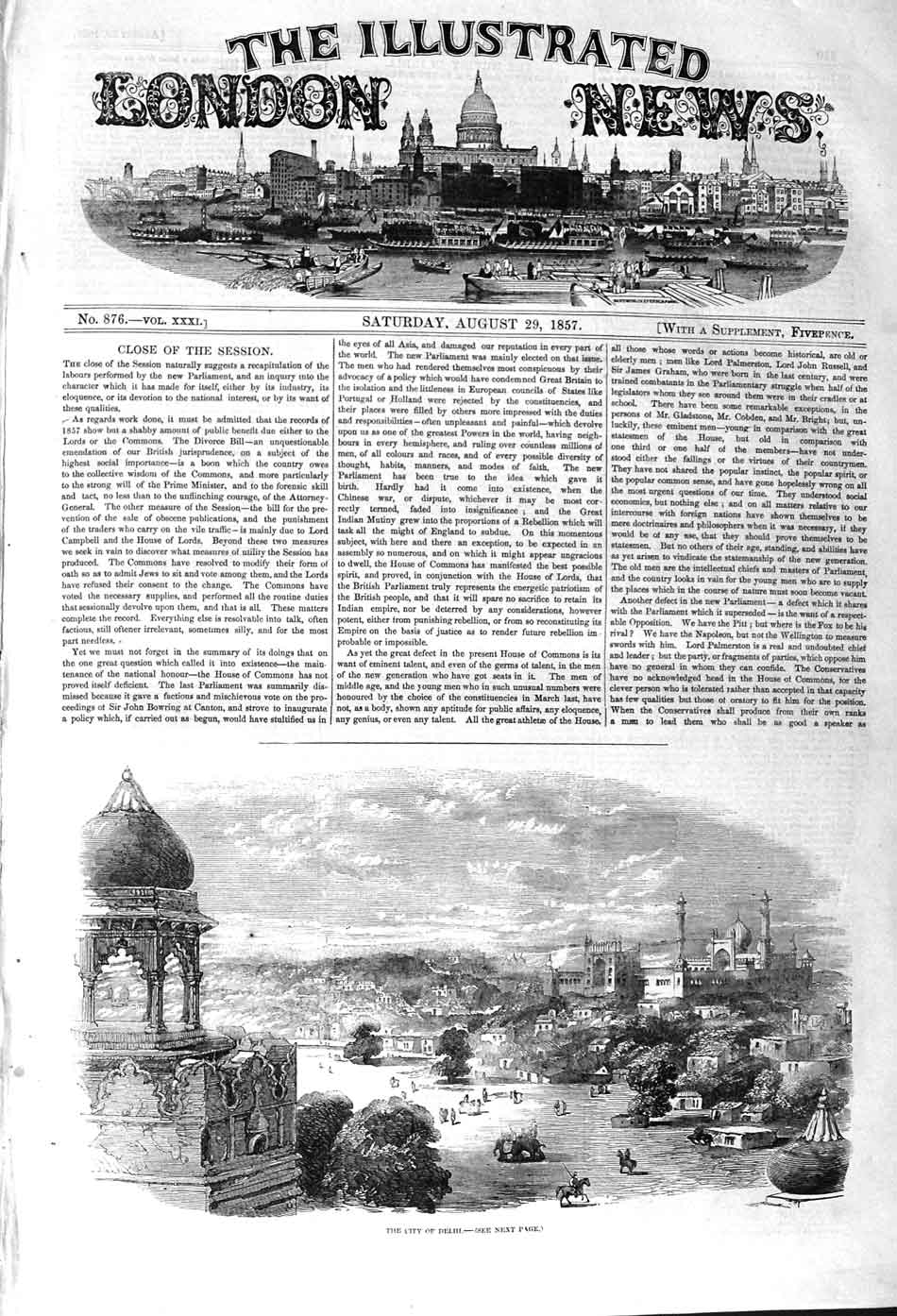 Original Old Antique Print 1857 View City Delhi India Elephants Architecture