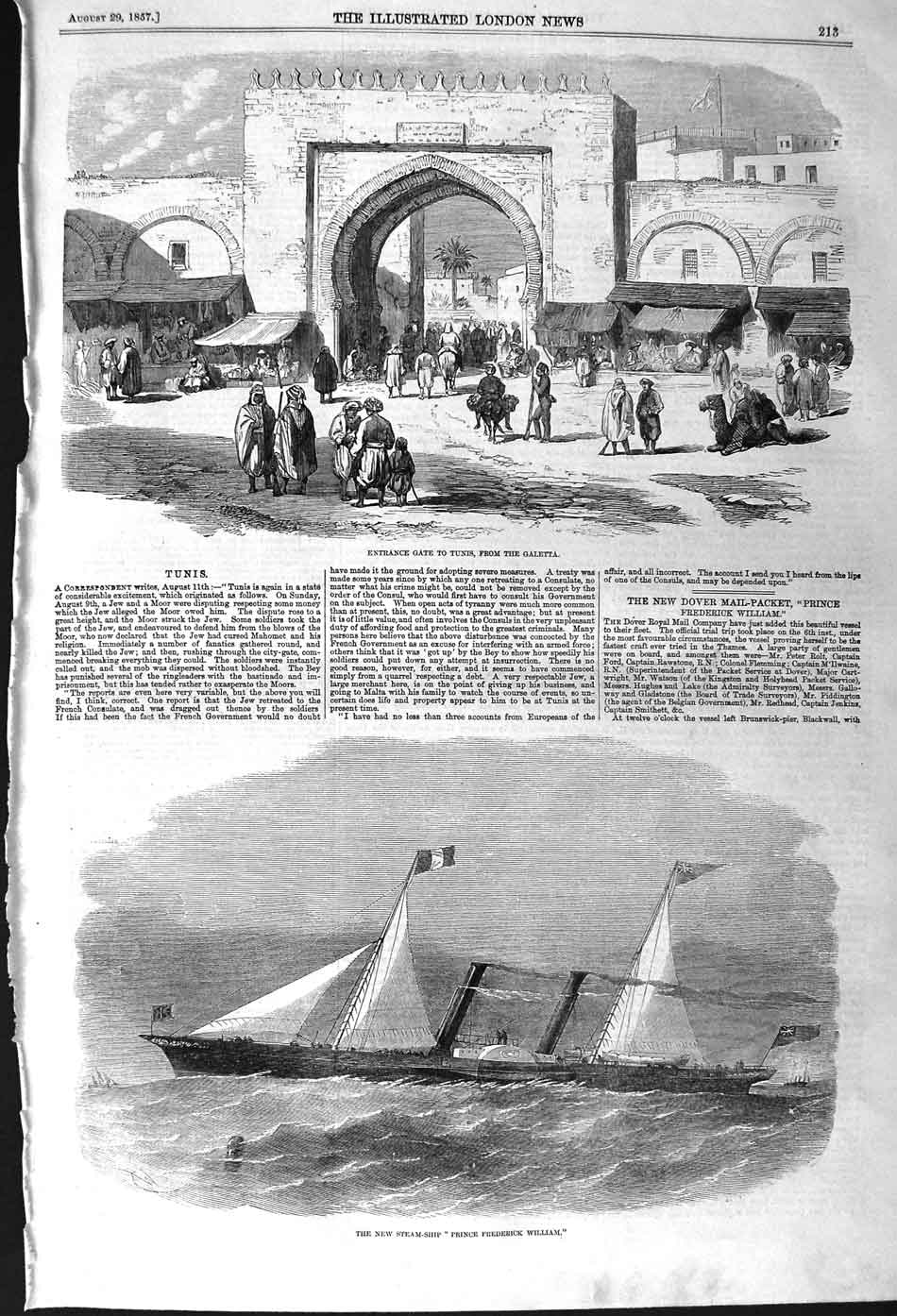 Original Old Antique Print 1857 Entrance Gate Tunis Galetta Ship Prince William