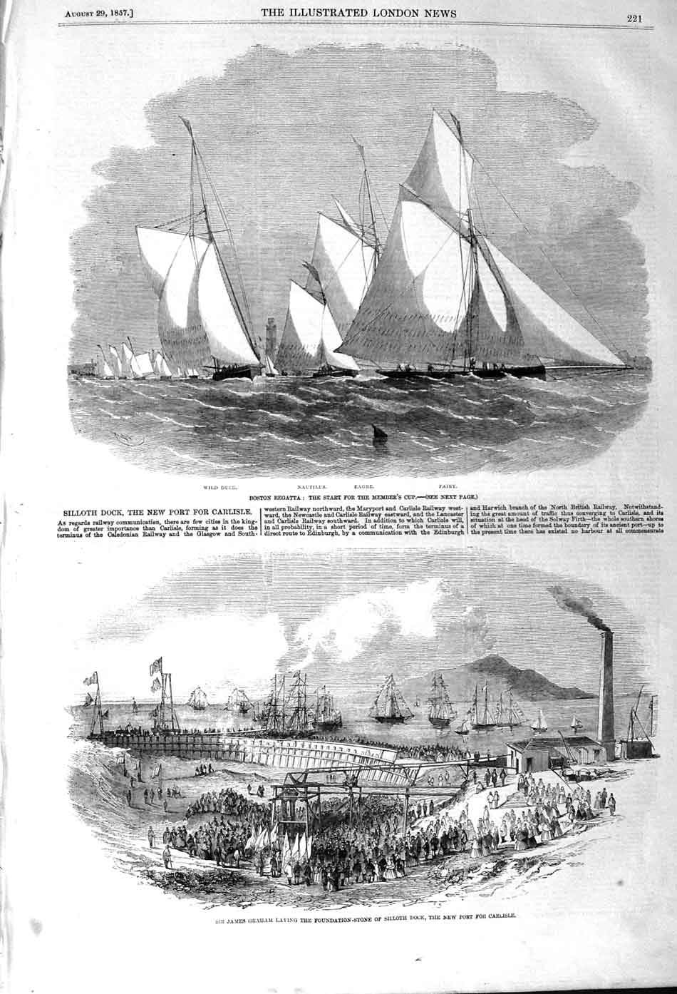 Old Antique Print 1857 Boston Regatta Yachts Fairy James Graham Silloth 19th