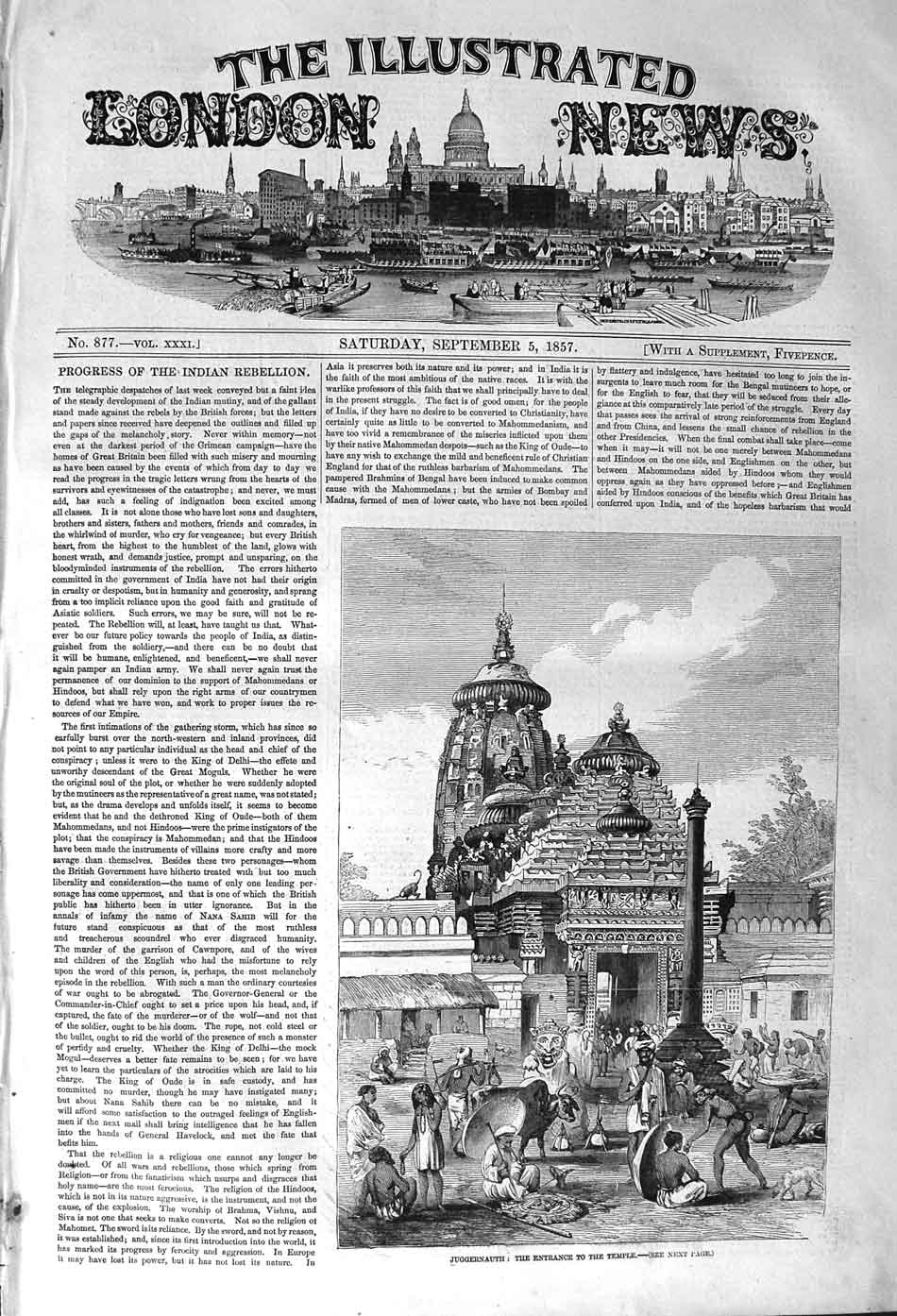 Original Old Antique Print 1857 View Entrance Temple Juggernauth India Mutiny