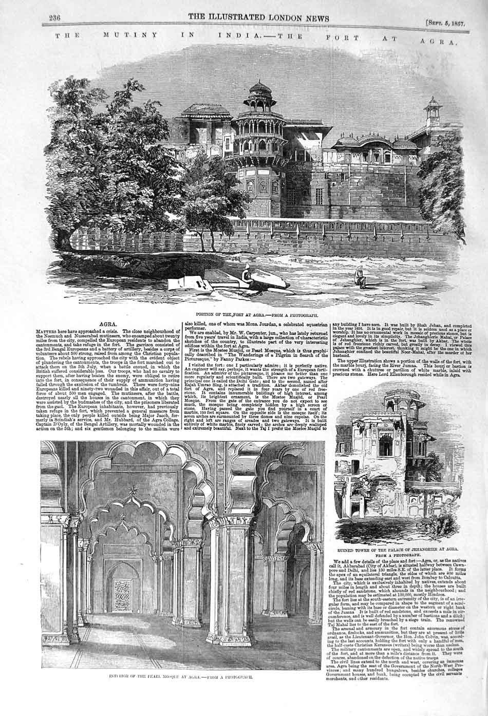 Original Old Antique Print 1857 Mutiny India Fort Agra Pearl Mosque Jehanghier
