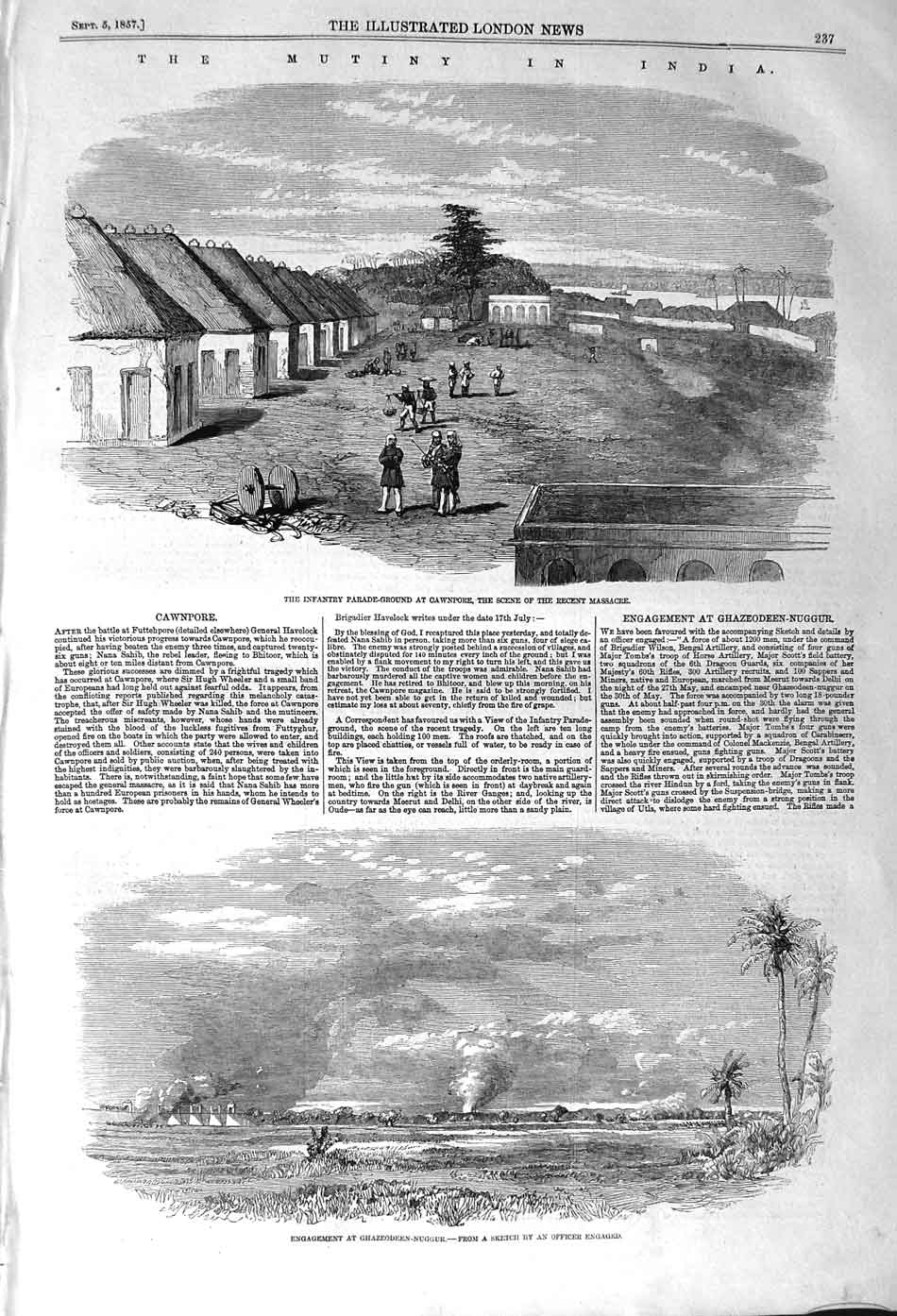 Original Old Antique Print 1857 Mutiny India Cawnpore Ghazeodeen-Nuggur War