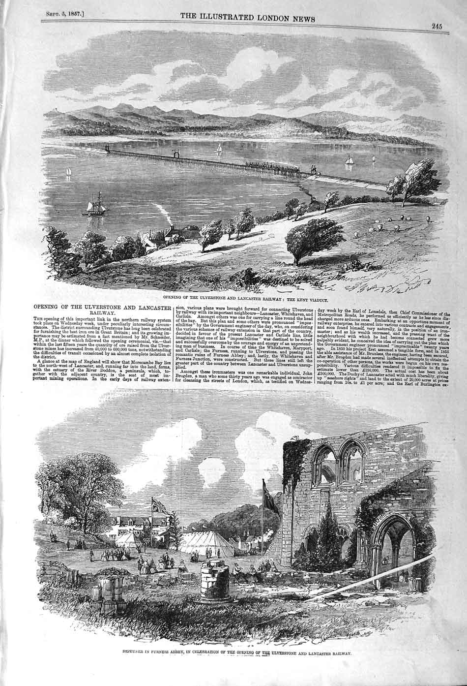 Original Old Antique Print 1857 Ulverstone Lancaster Railway Train Furnes 19th