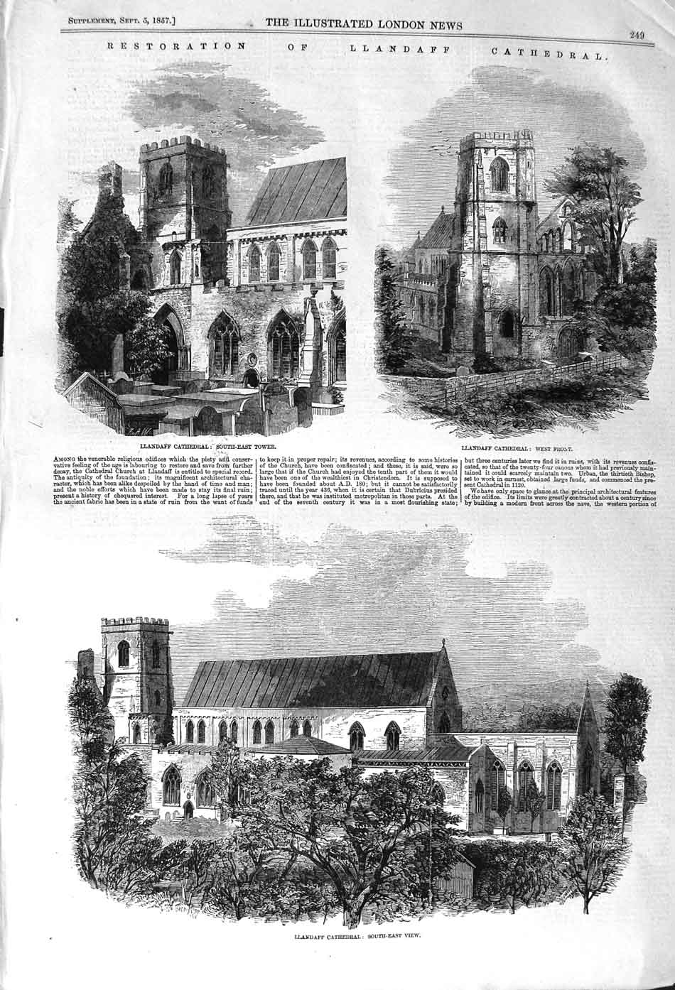 Original Old Antique Print 1857 Llandaff Cathedral Tower Wales Architecture