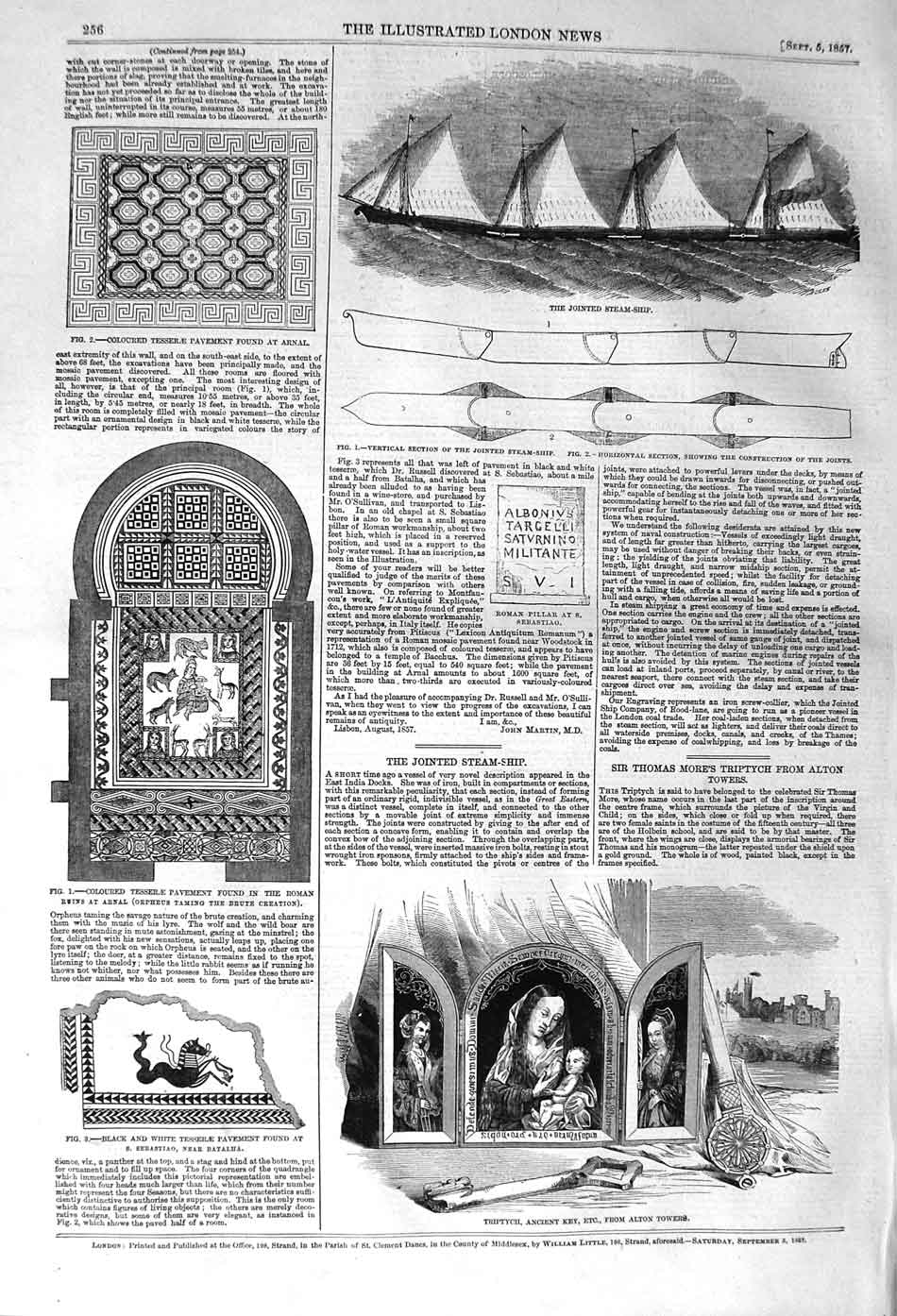 Old Antique Print 1857 Jointed Steam Ship Triptych Key Alton Towers Arnal 19th