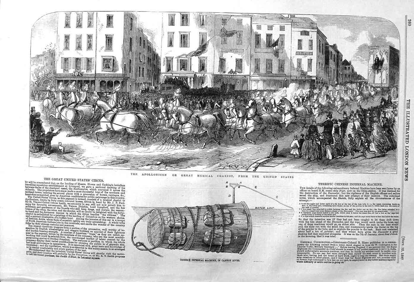 Original Old Antique Print 1857 Apollonicon Chariot America Chinese Infernal