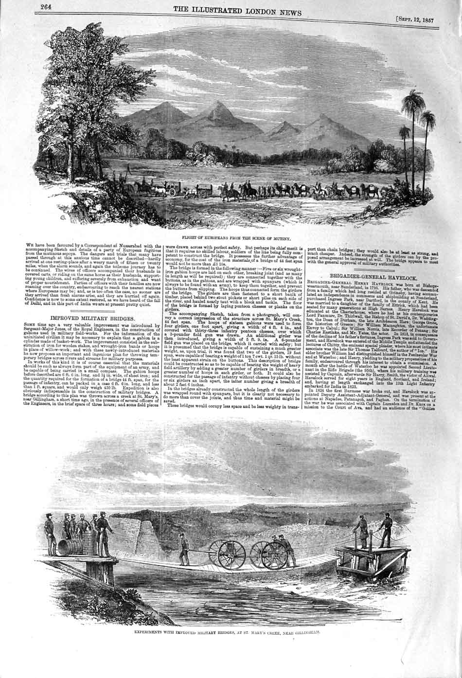 Original Old Antique Print 1857 Mary'S Creek Gillingham Military Bridge Mutiny