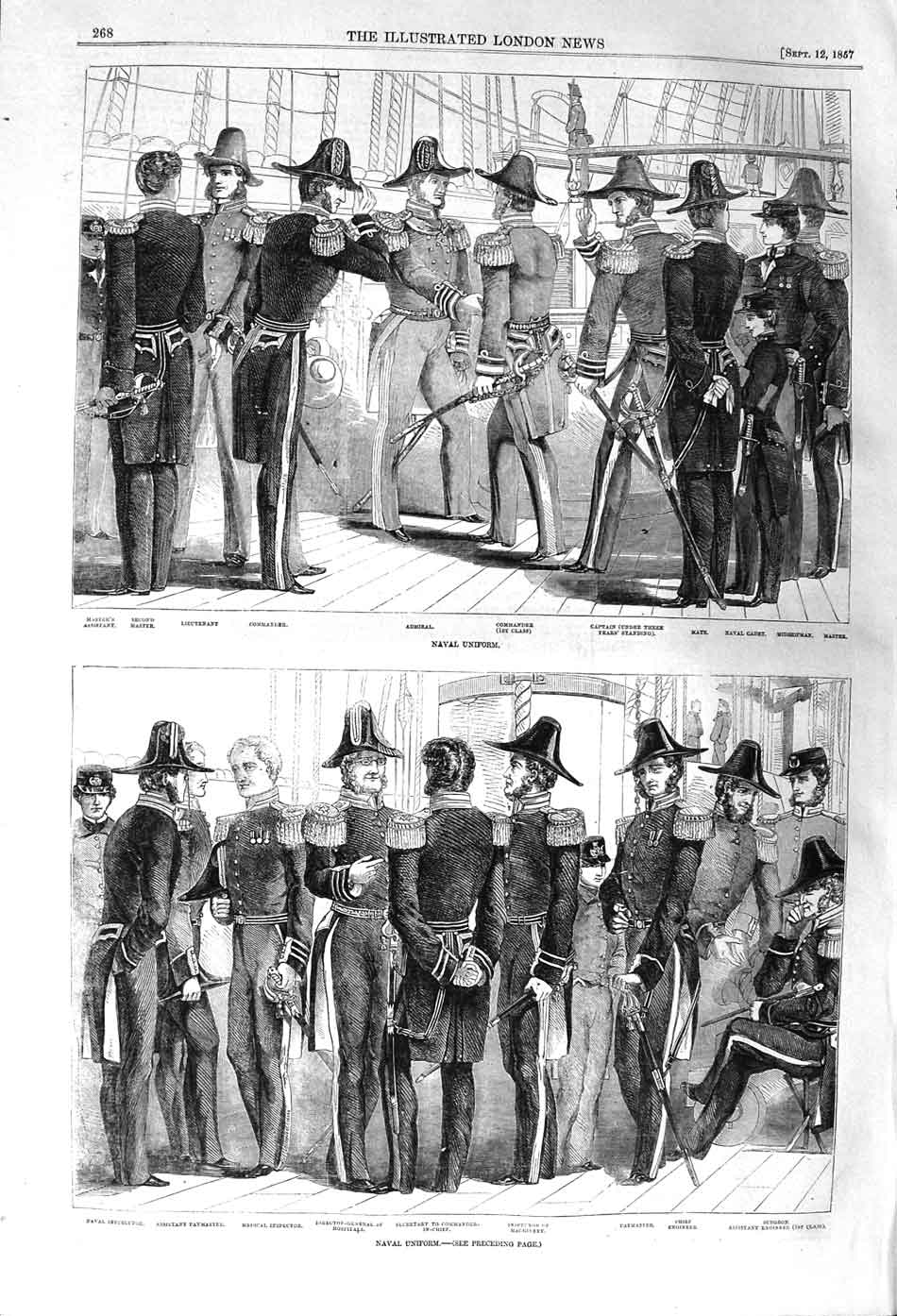 Original Old Antique Print 1857 Navay Uniforms Admiral Inspector Paymaster Mate