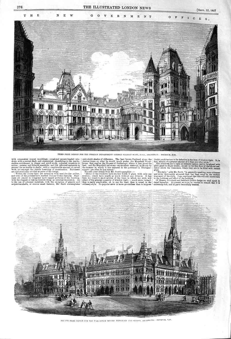 Original Old Antique Print 1857 Government War Offices Foreign Department 19th