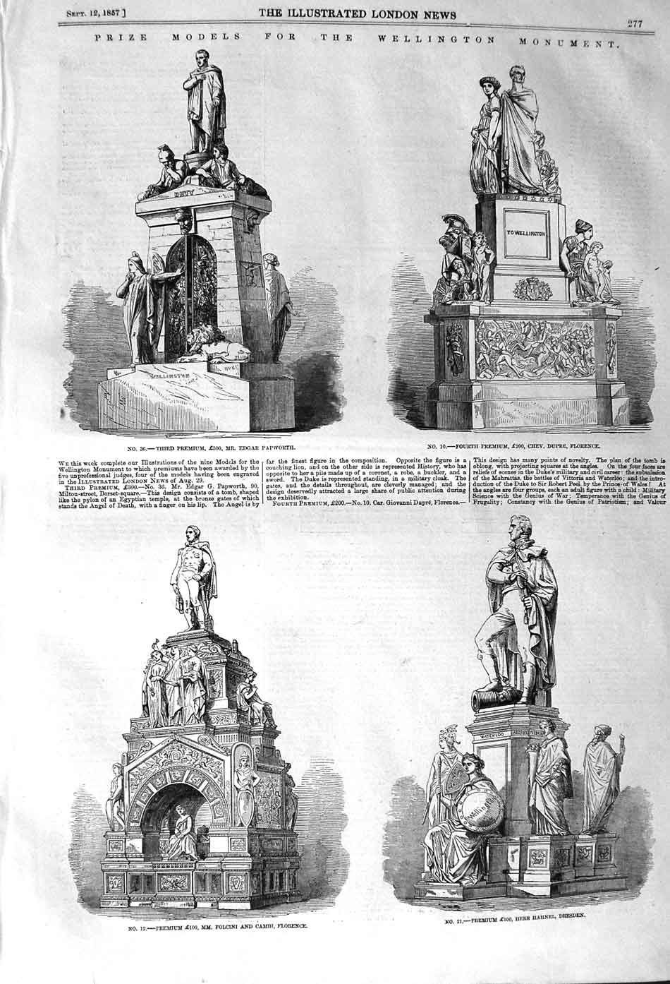 Old Antique Print 1857 Monument Papworth Florence Dresden Folcini Cambi 19th