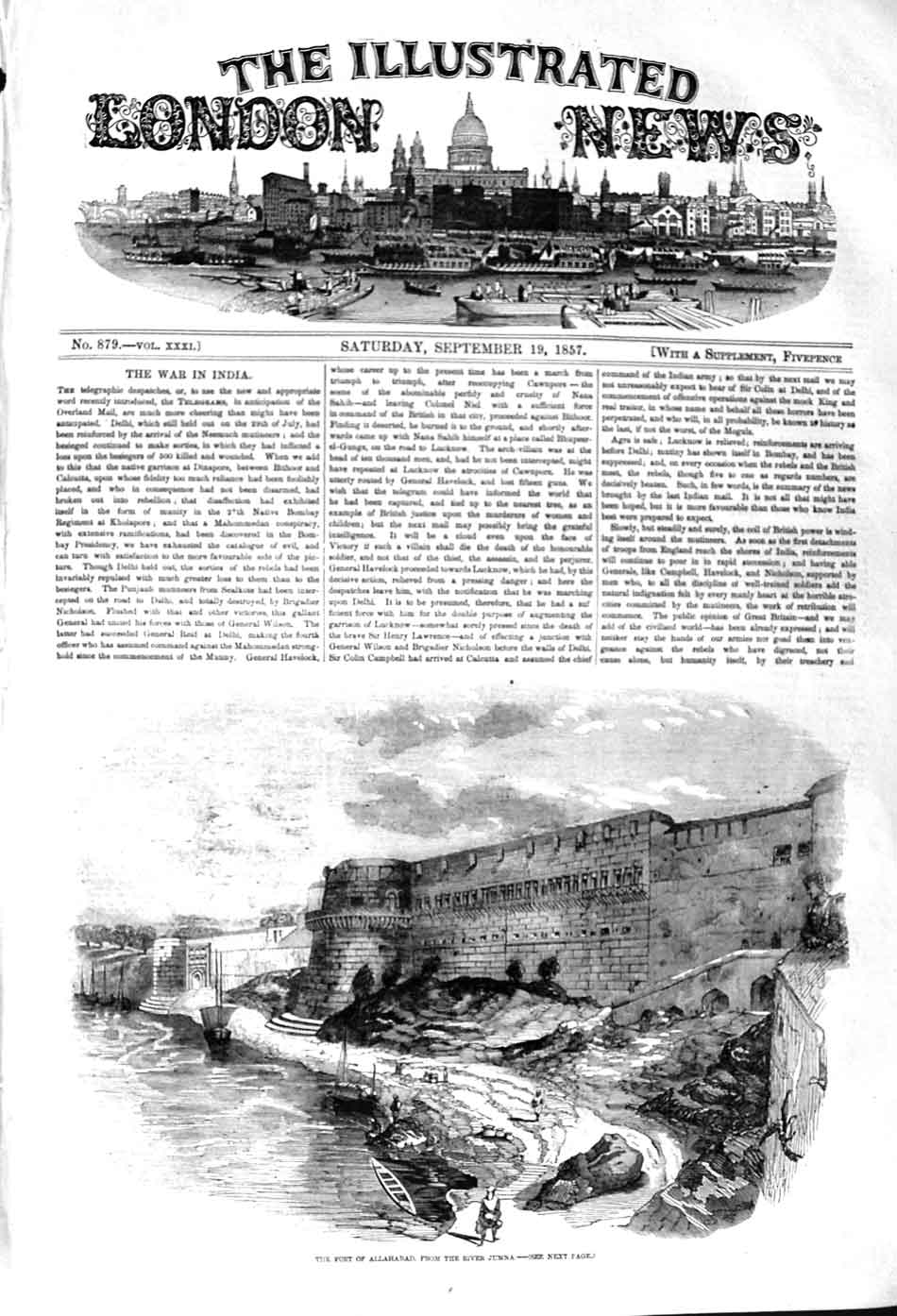 Original Old Antique Print 1857 View Fort Allahabad River Jumna Boats Victorian