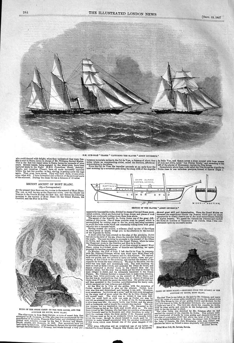 Old Antique Print 1857 Gun Boat Teaser Slaver Ship Abbot Devereux Blanc 19th