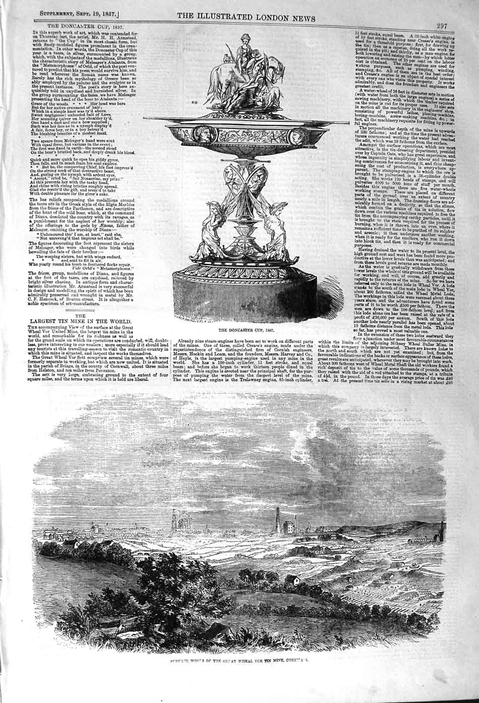 Old Antique Print 1857 Doncaster Cup Works Great Wheal Vor Mine Cornwall 19th