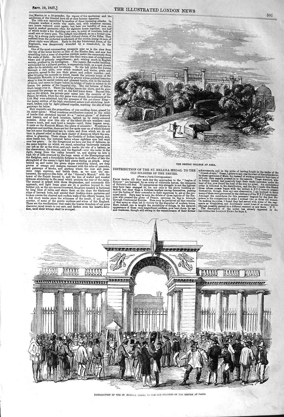 Original Old Antique Print 1857 British College Agra Helena Medal Siers Paris