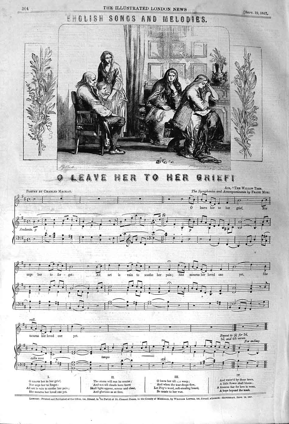 Original Old Antique Print 1857 English Song Leave Her Greif Sheet Music Mackay