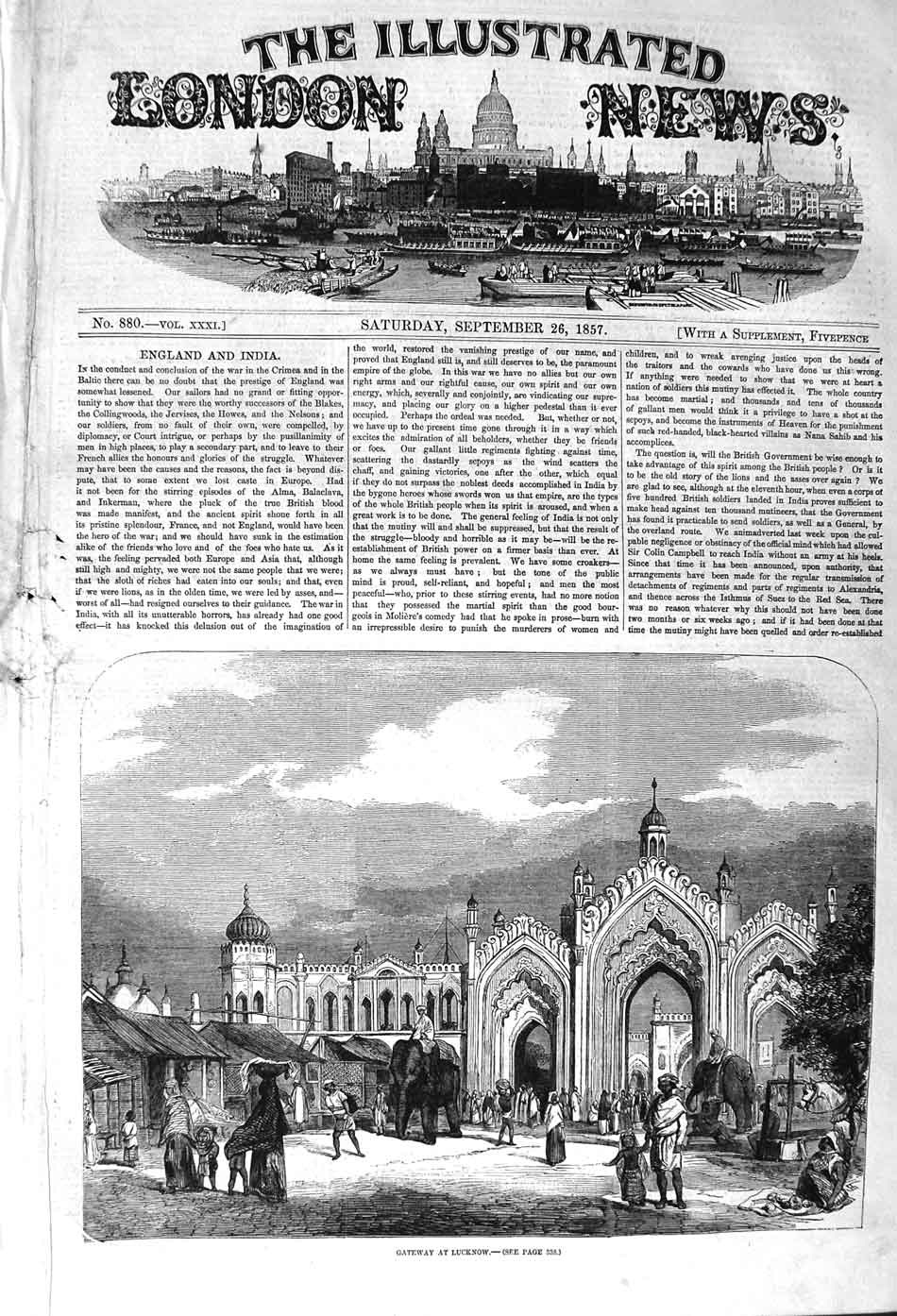 Original Old Antique Print 1857 View Gateway Lucknow Elephants Architecture