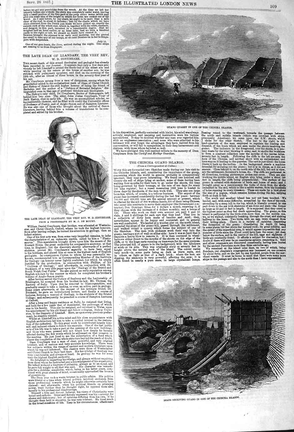Old Antique Print 1857 Guano Quarry Boats Chincha Islands Dean Llandaff 19th