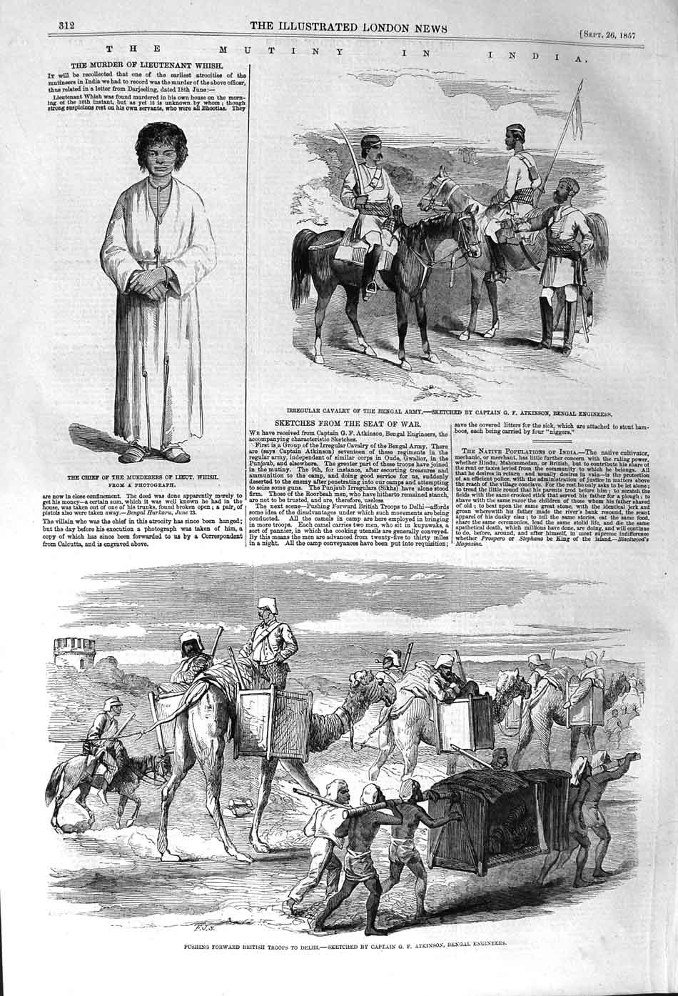 Old Antique Print 1857 Murder Lieutenant Whish Bengal Army Delhi Camels 19th