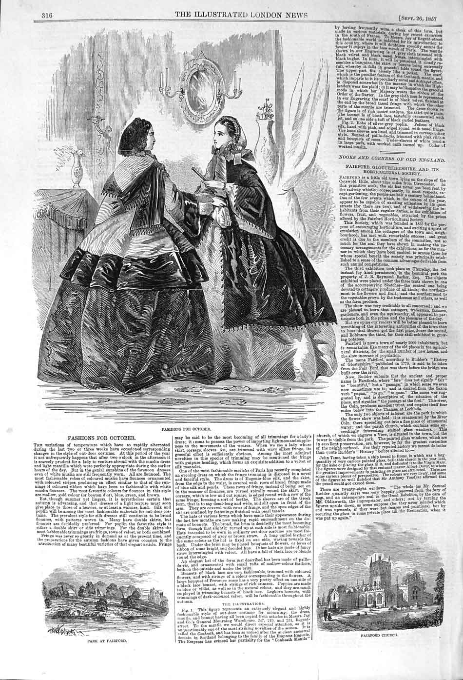 Original Old Antique Print 1857 Womens October Fashion Park Fairford Church