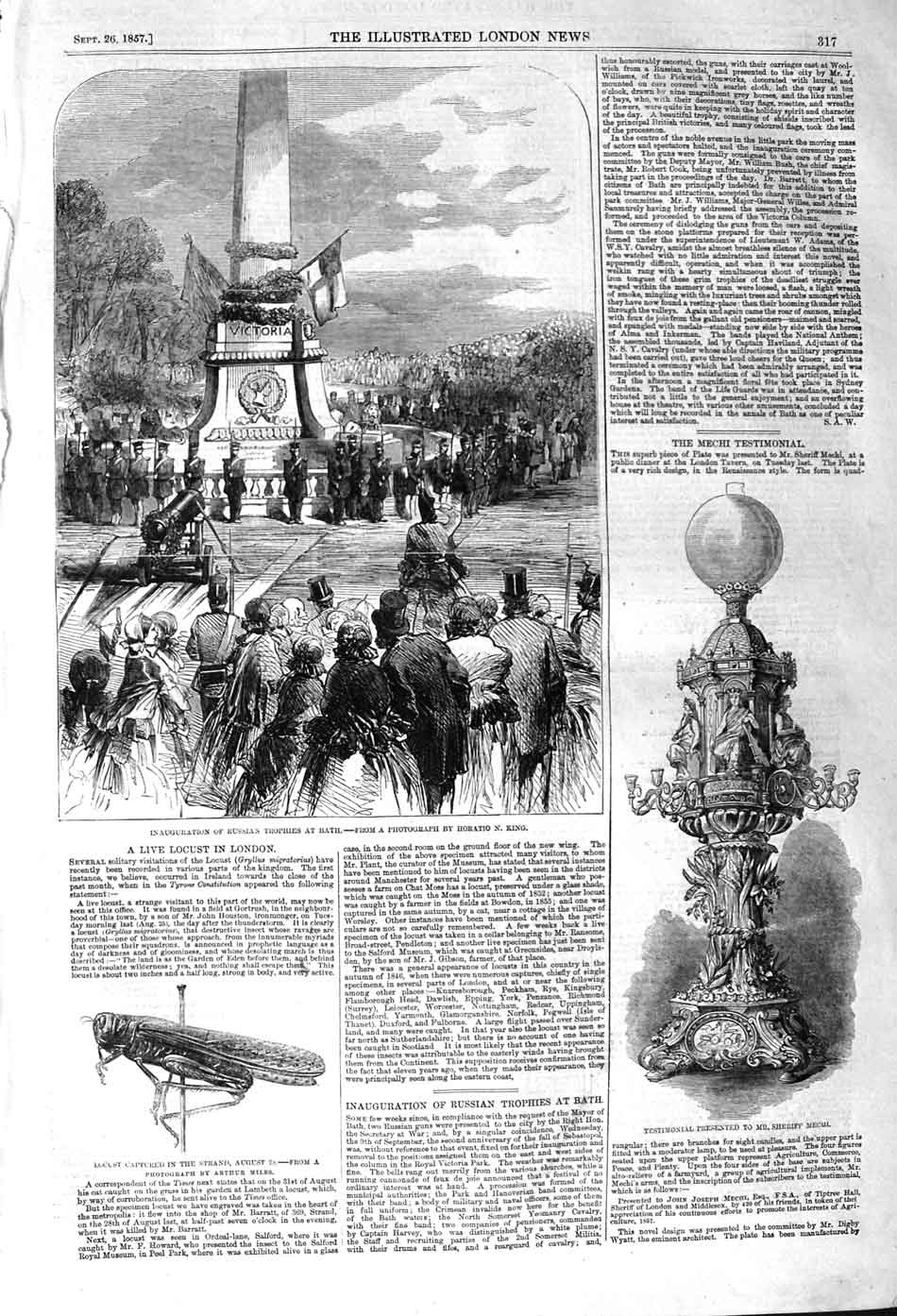 Original Old Antique Print 1857 Inauguration Russian Trophies Bath Locust Mechi