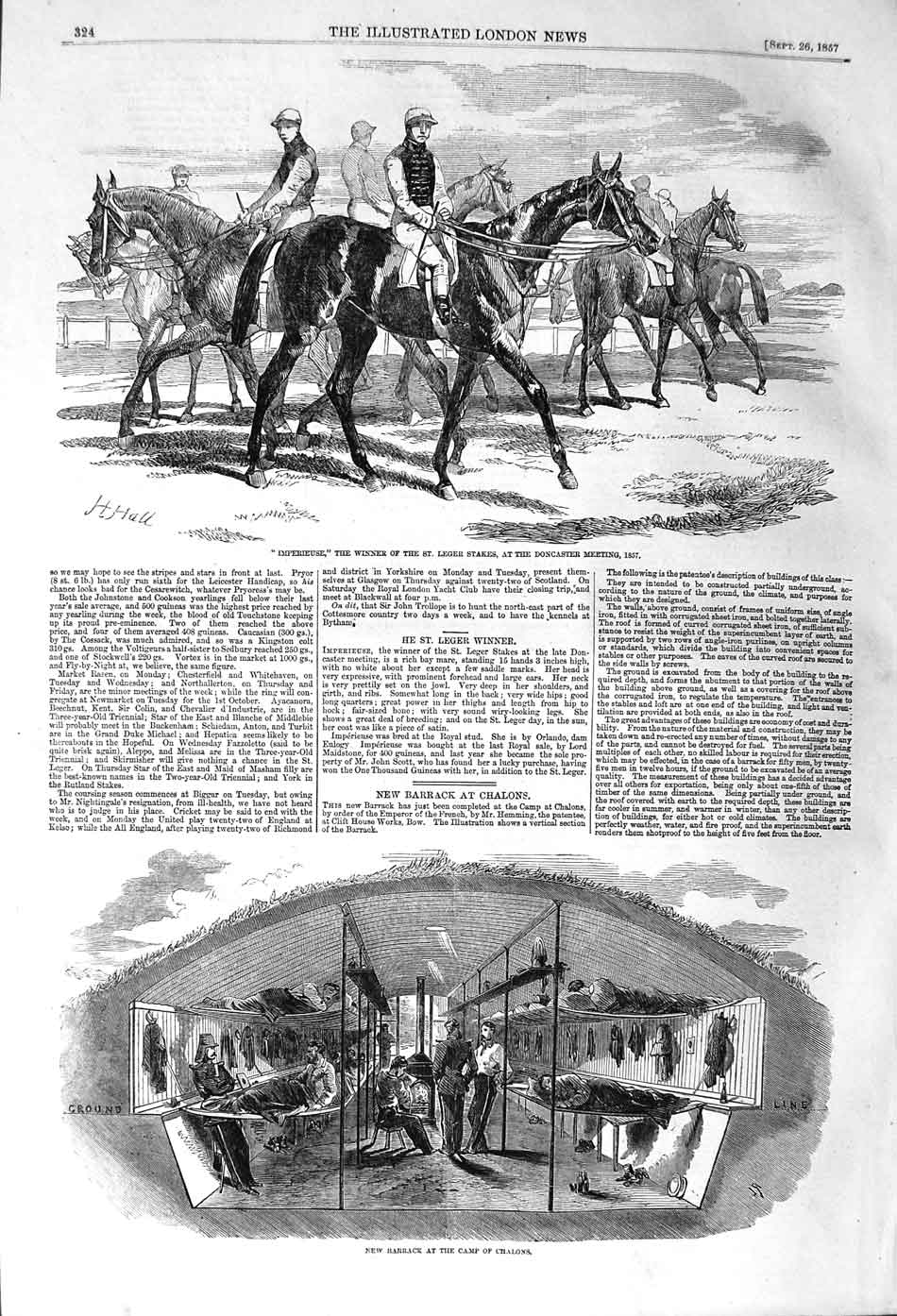 Original Old Antique Print 1857 Imperieuse Leger Doncaster Horse Camp Chalons