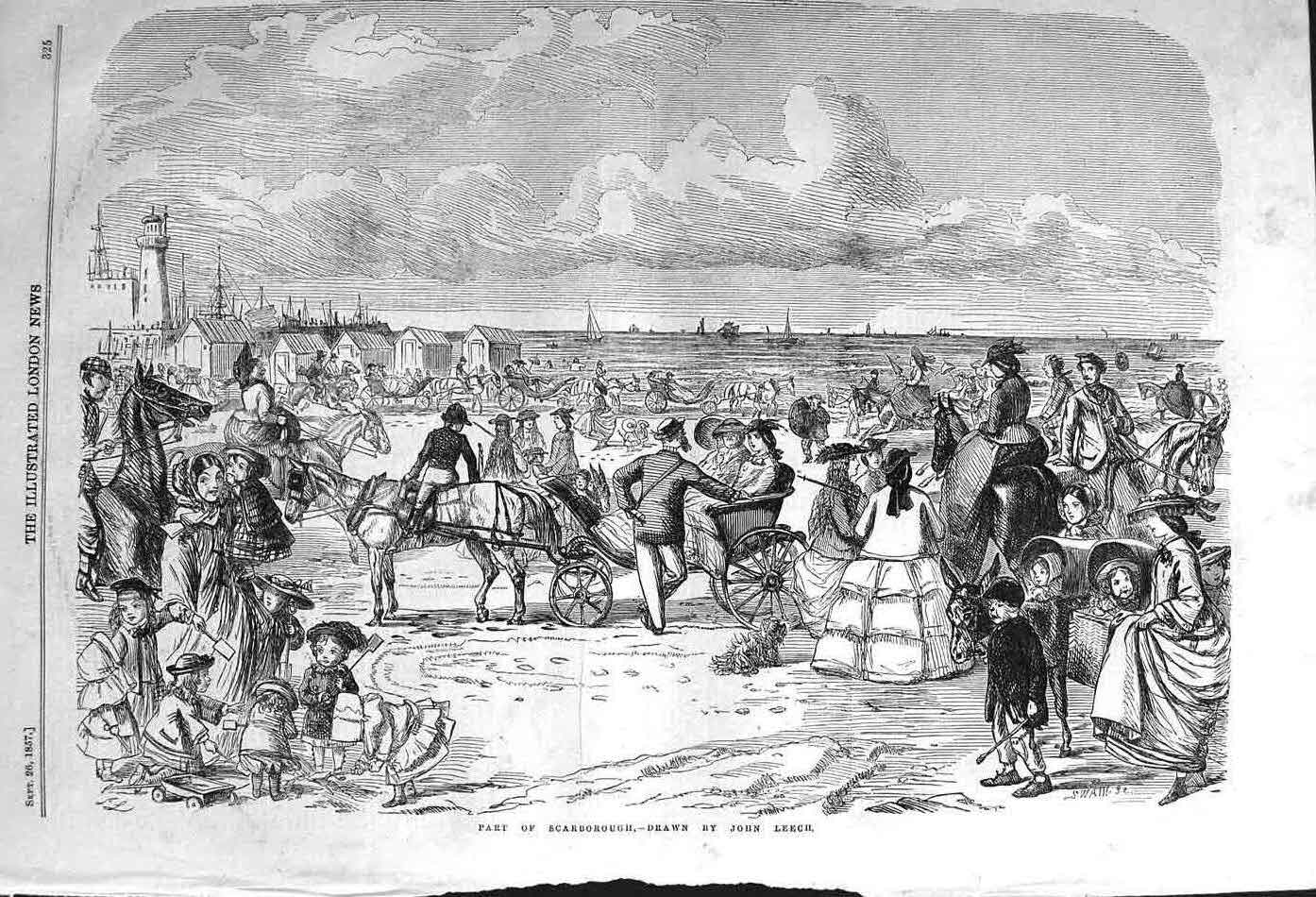 Original Old Antique Print 1857 View Sands Beach Scarborough England Victorian