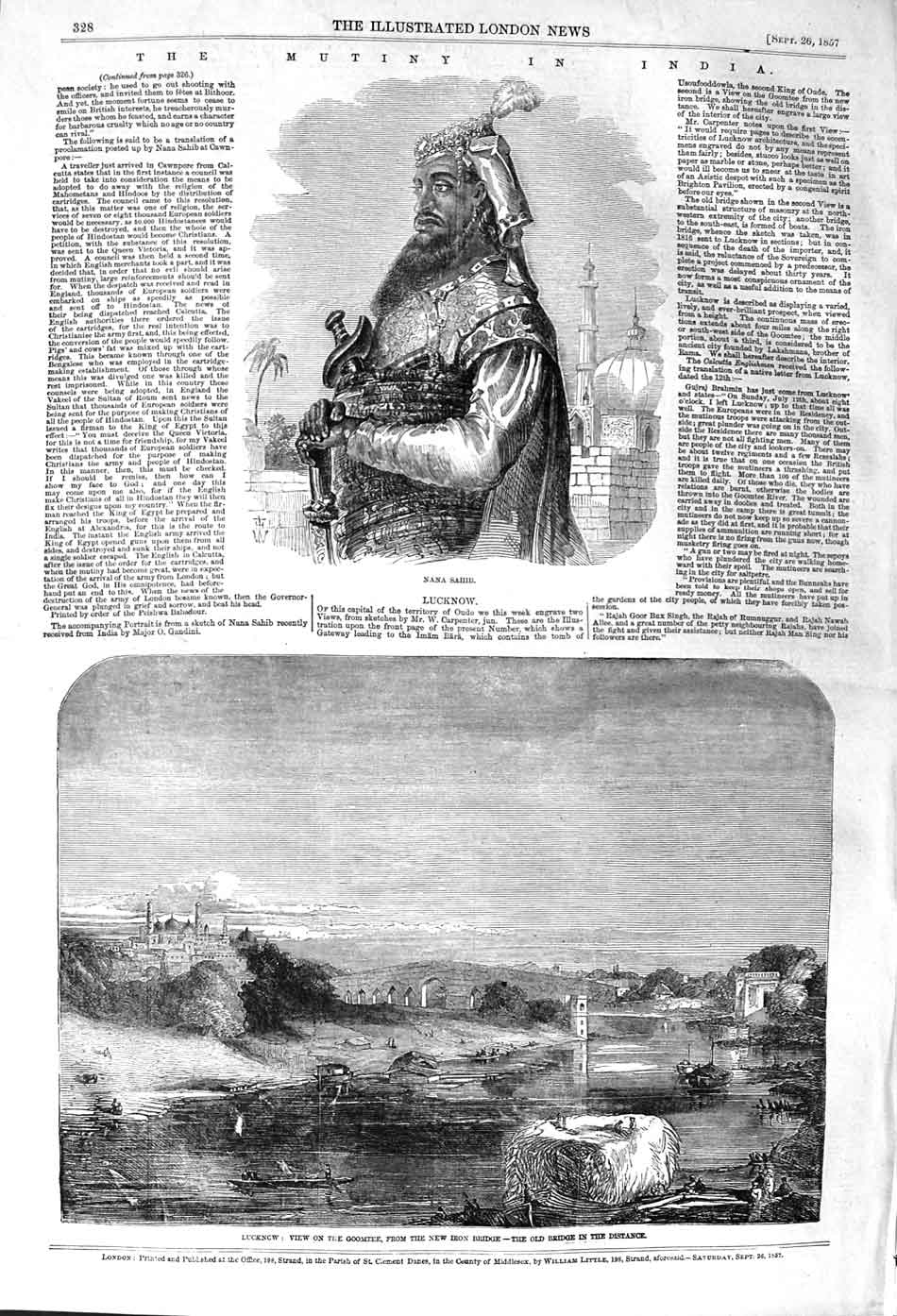 Original Old Antique Print 1857 Mutiny India Nana Sahib Lucknow Goomtee 19th