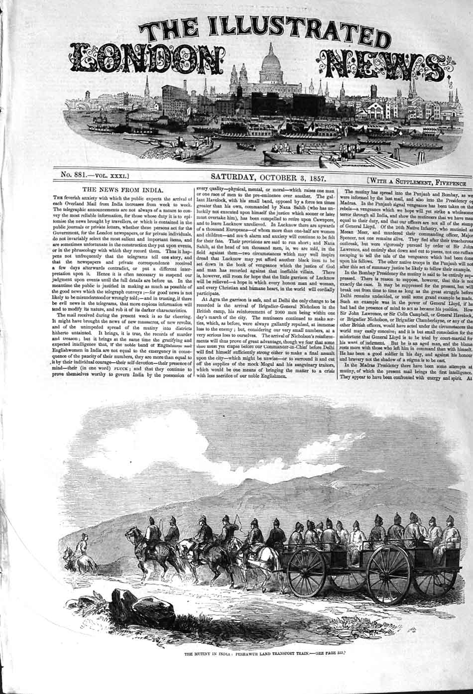 Original Old Antique Print 1857 Mutiny India Peshawur Land Transport Tr 19th