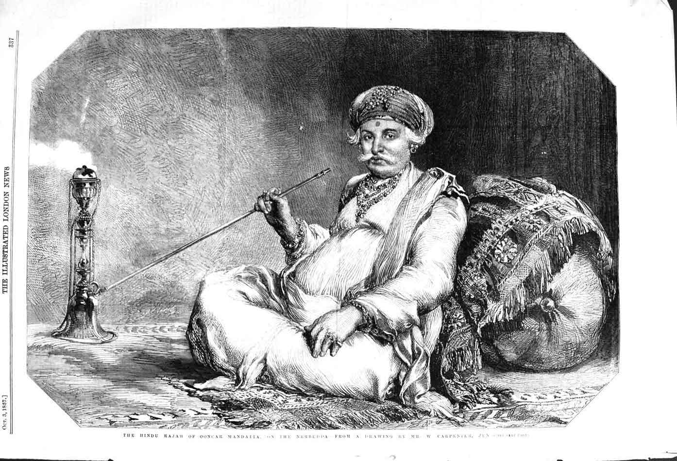 Original Old Antique Print 1857 Hindu Rajah Ooncar Mandatta Nerbudda Victorian