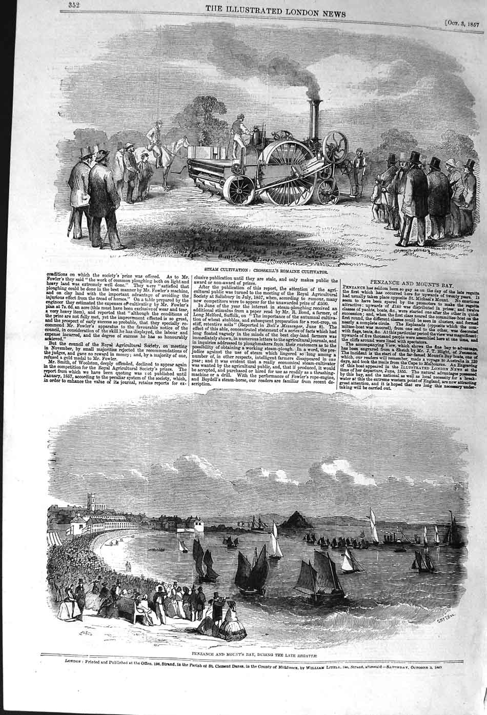 Old Antique Print 1857 Crosskill Romaine Cultivator Penzance Mount'S Bay 19th