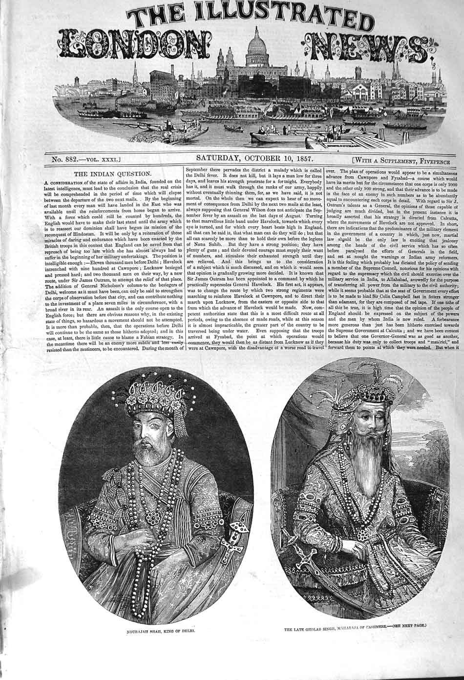 Original Old Antique Print 1857 Nourajah Shah King Delhi Gholab Singii Cashmere